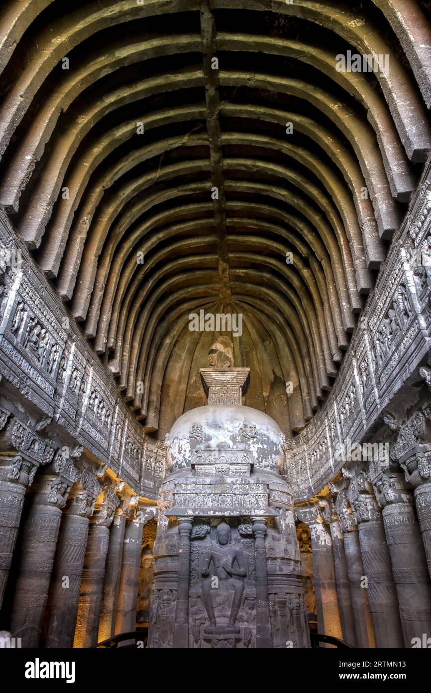 Ajanta-Höhlen, UNESCO-Weltkulturerbe in Maharashtra, Indien. Höhle Nr. 26 Stockfoto
