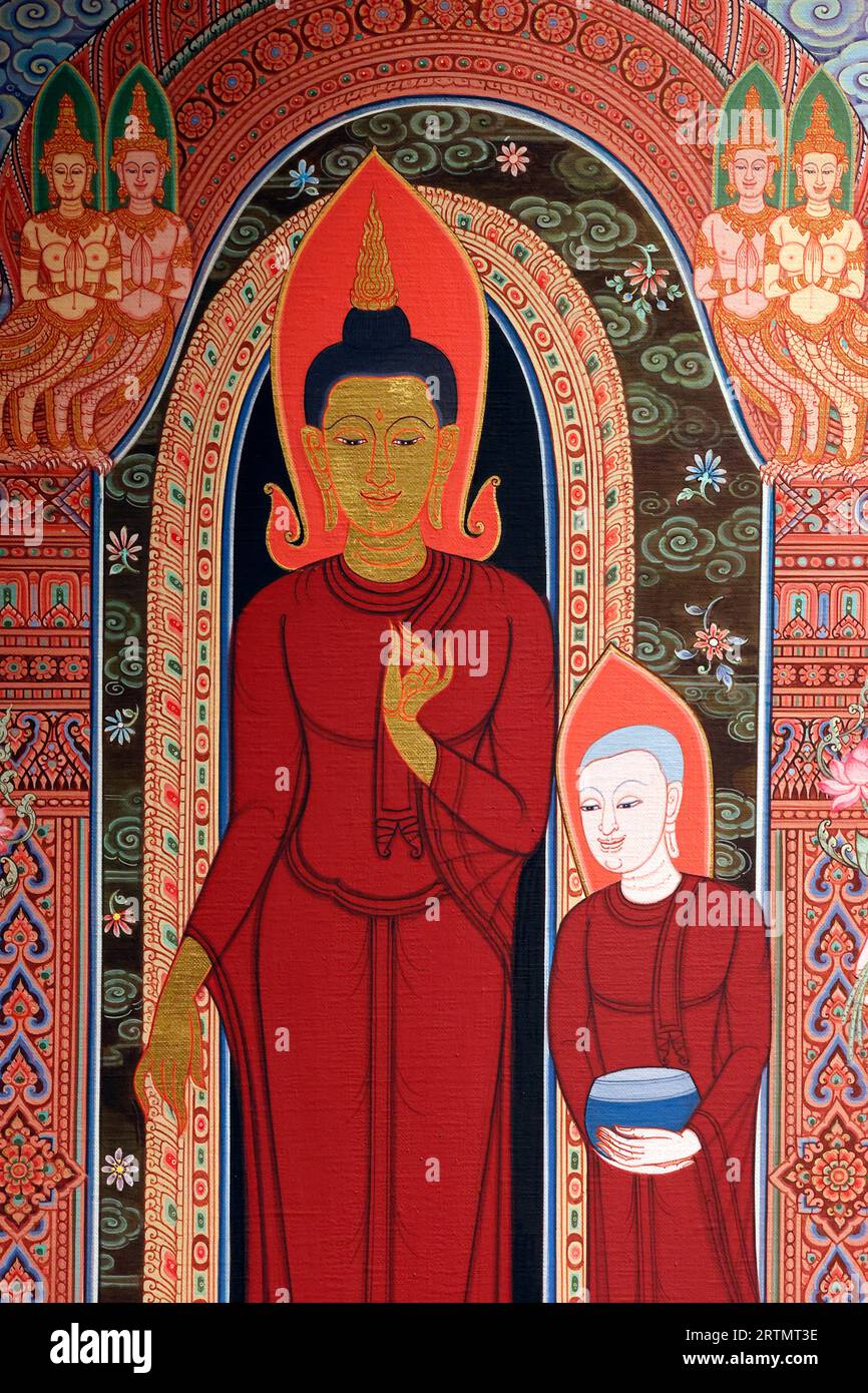 Bangkok National Museum. Szene von Buddha, der den Elefanten Nalagiri unterwirft. Thangka. Thailand. Stockfoto