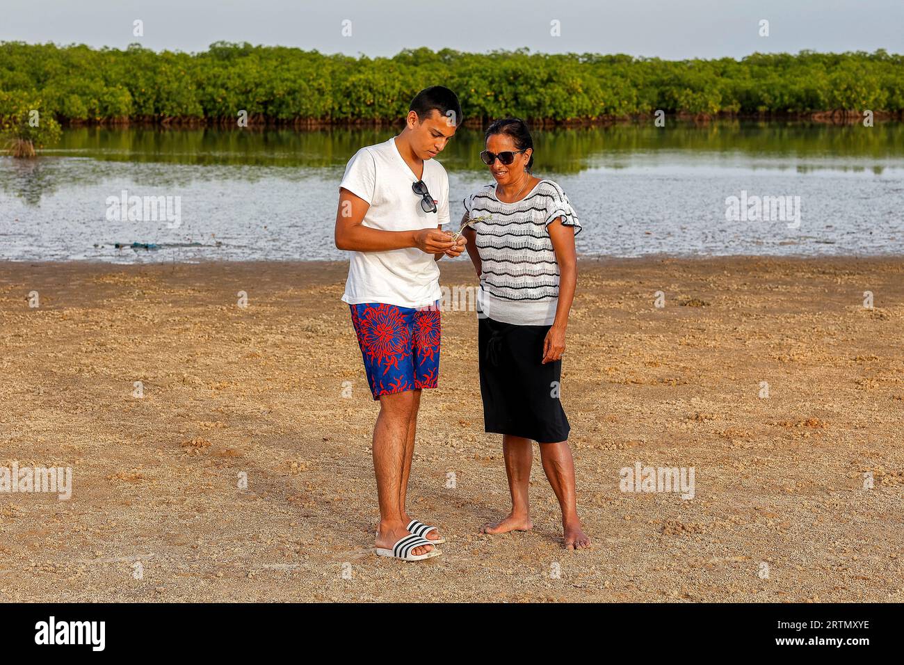 Mutter und Sohn untersuchen eine Krabbe, die auf einer Insel im Saloum-Flussdelta im Senegal gefunden wurde Stockfoto