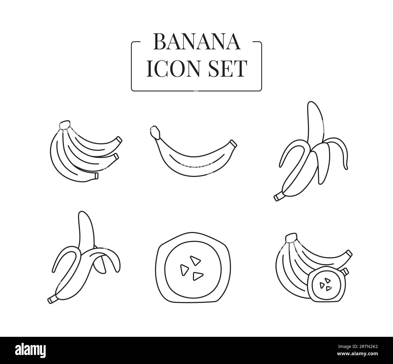 Fruit Banana ganz und halb, in Scheiben geschnitten, Satz von Liniensymbolen im Vektor Stock Vektor