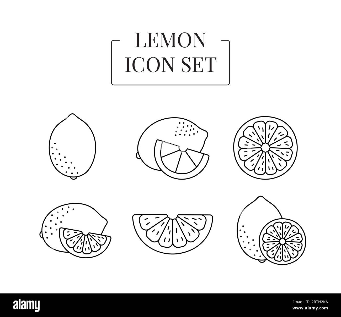 Fruit Lemon ganz und halb, in Scheiben geschnitten, Satz von Liniensymbolen im Vektor Stock Vektor