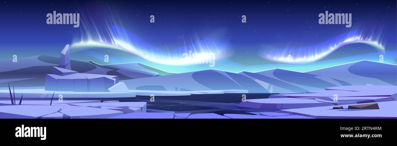 Aurora borealis schimmert über der Eislandschaft. Vektor-Karikaturillustration von bunten abstrakten Nordlichtern am Nachthimmel mit vielen Sternen, felsigen m Stock Vektor