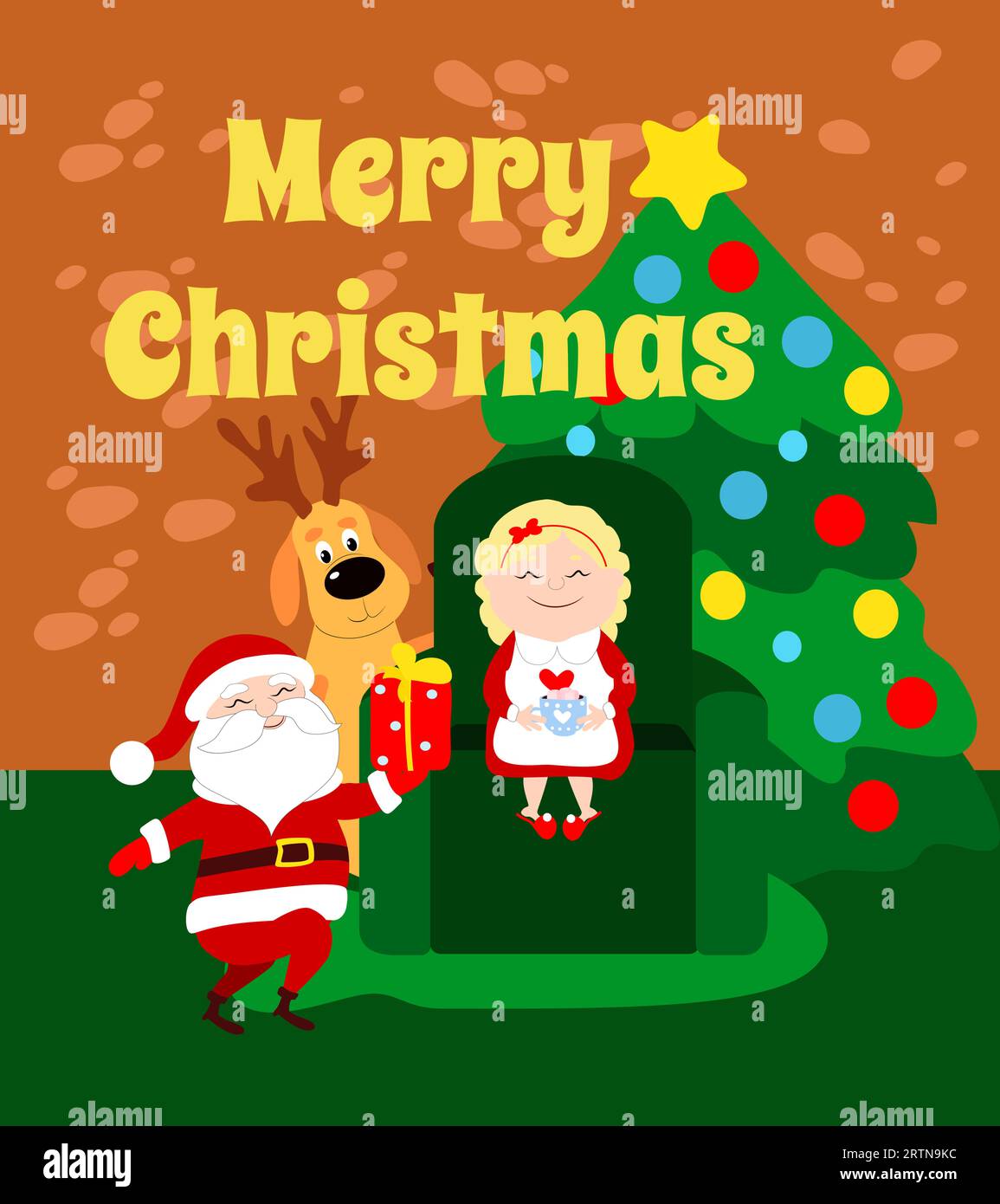 Der Weihnachtsmann hält ein Geschenk für Frau Santa. Weihnachtsmutter sitzt auf einer Couch im Haus und trinkt heiße Schokolade mit Marshmallows. Stock Vektor