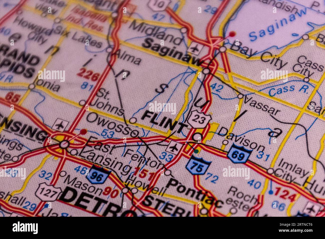 Flint, Michigan, USA auf einer Roadmap. Stockfoto