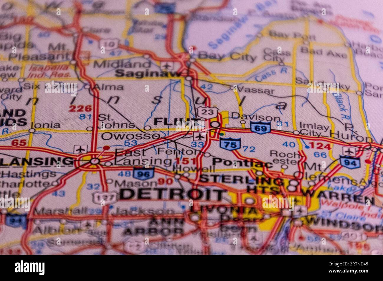 Flint, Michigan, USA auf einer Roadmap. Stockfoto