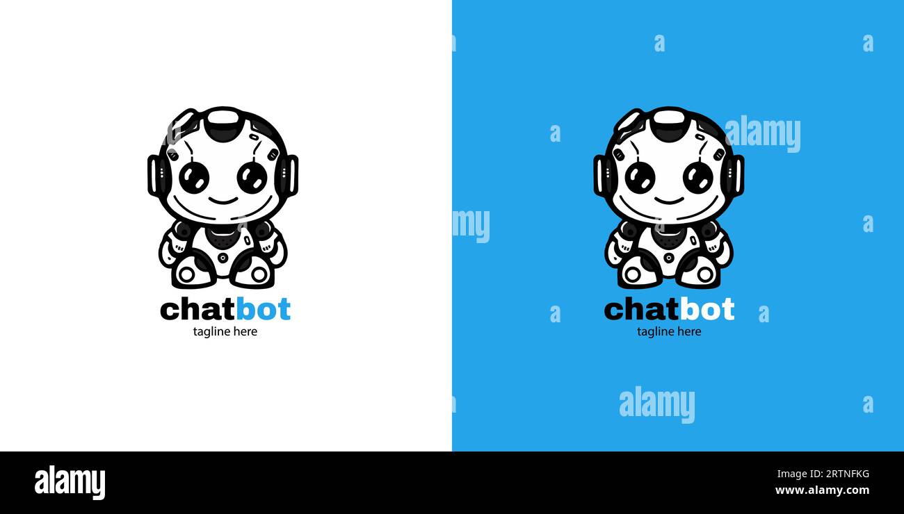 Roboter-Chatbot-Kopf-Symbol-Zeichen-Design-Vektor-Illustration auf weißem und blauem Hintergrund. Niedlicher AI-Bot-Helfer-Maskottchen-Charakter. Stock Vektor