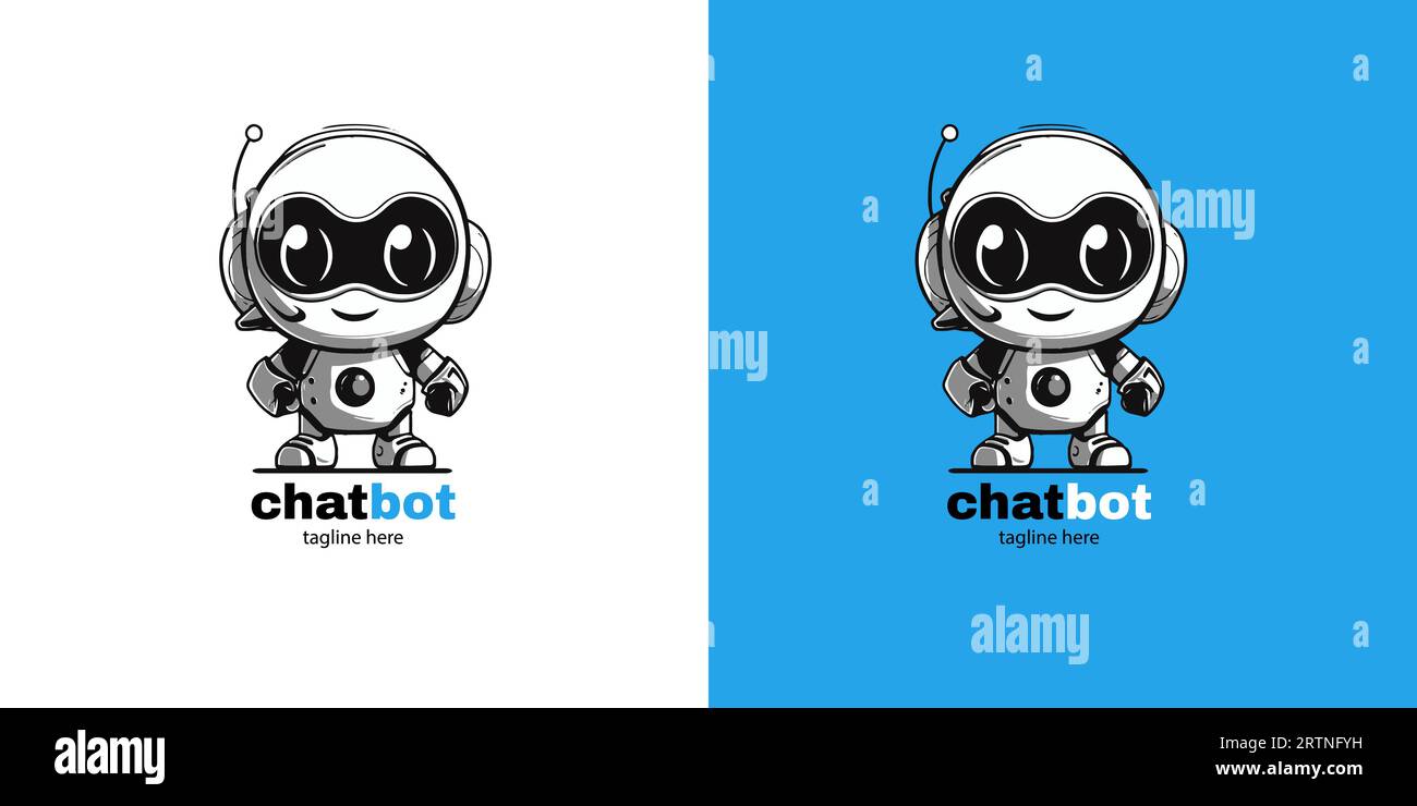Roboter-Chatbot-Kopf-Symbol-Zeichen-Design-Vektor-Illustration auf weißem und blauem Hintergrund. Niedlicher AI-Bot-Helfer-Maskottchen-Charakter. Stock Vektor