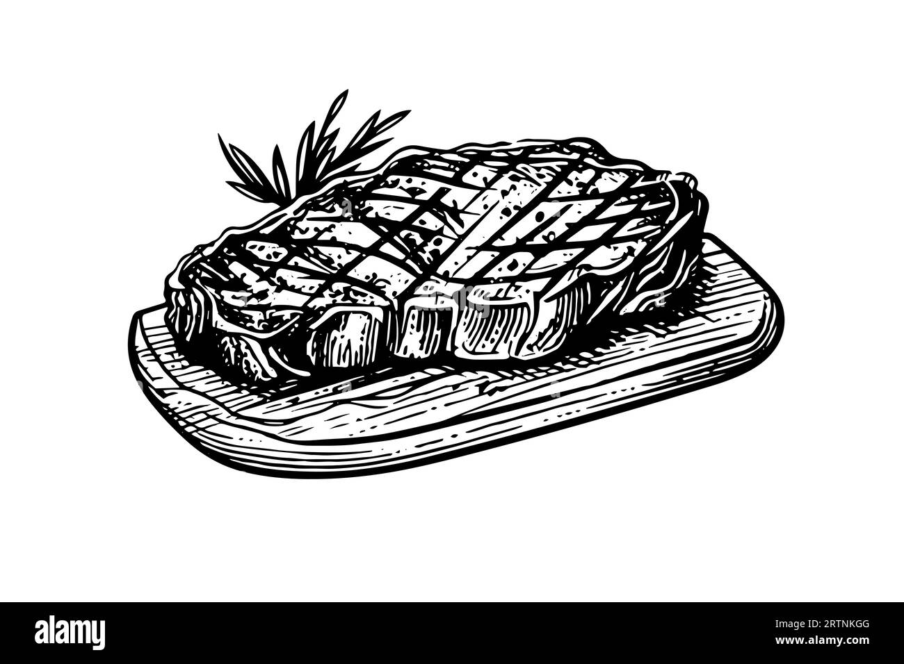 Fleischsteak auf Holzbrett. Handzeichnung Skizze Gravurstil Vektor Illustration. Stock Vektor