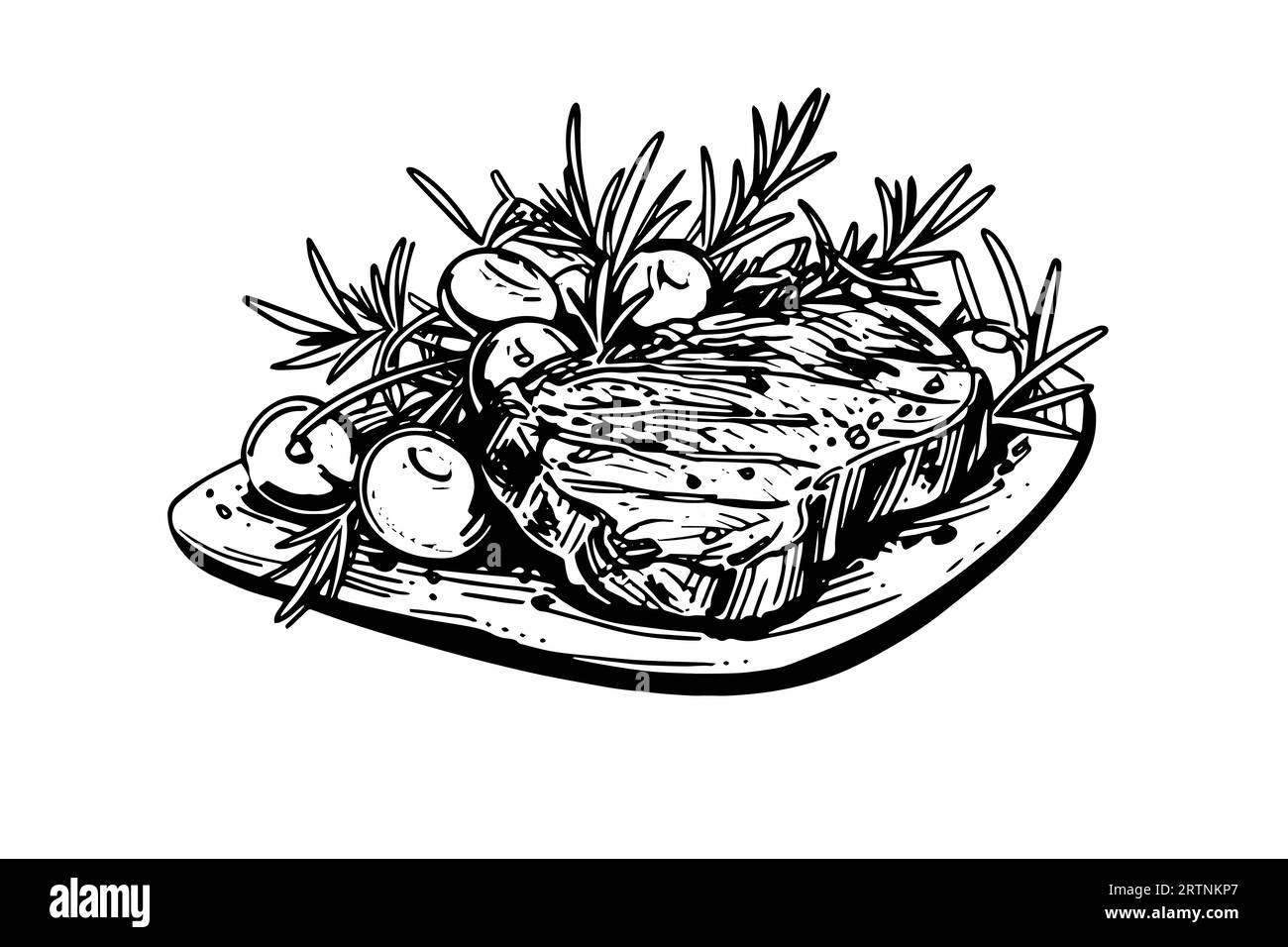 Fleischsteak auf Holzbrett. Handzeichnung Skizze Gravurstil Vektor Illustration. Stock Vektor