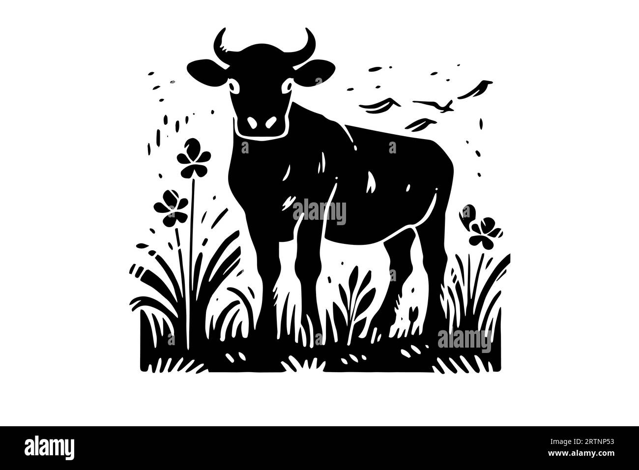 Schwarze Kuh auf dem Gras Silhouette für Fleischindustrie oder Landwirte Markt Hand gezeichnete Stempel Effekt Vektor Illustration. Stock Vektor