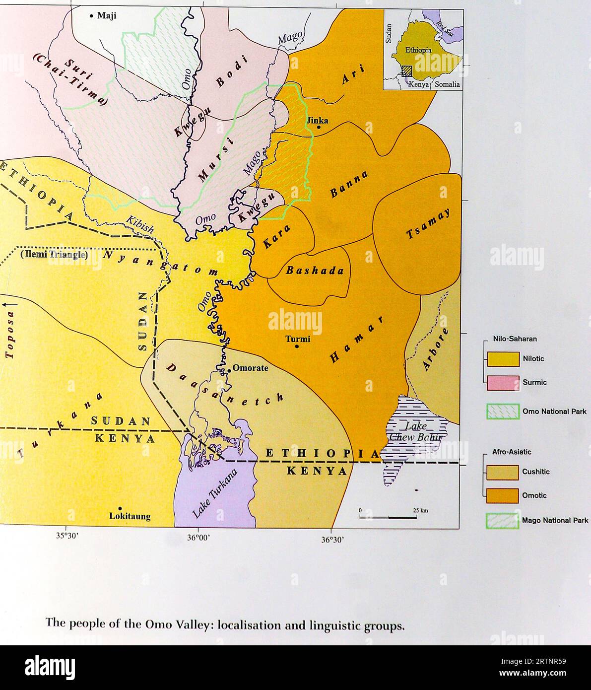 Anthropologische Karte der geographischen Verteilung der verschiedenen Stämme der Region Äthiopiens Omo Vally Stockfoto