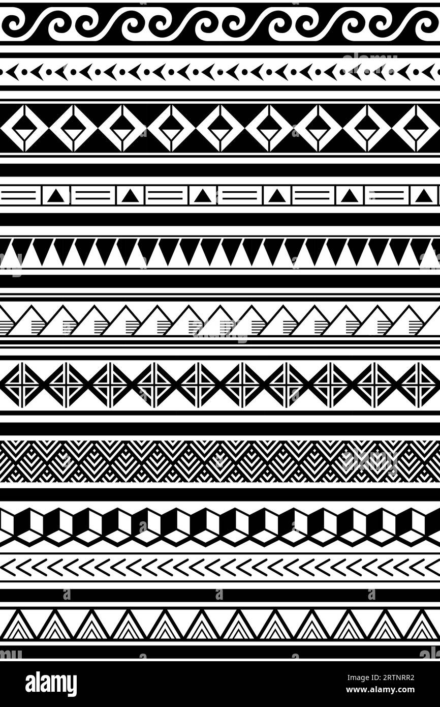 Nahtloses Vektormuster mit Hawaii-Stammesmuster, langer Textil- oder Stoffdruck in Schwarz und weiß, inspiriert von der Tatoo-Kunst aus Polynesien Stock Vektor