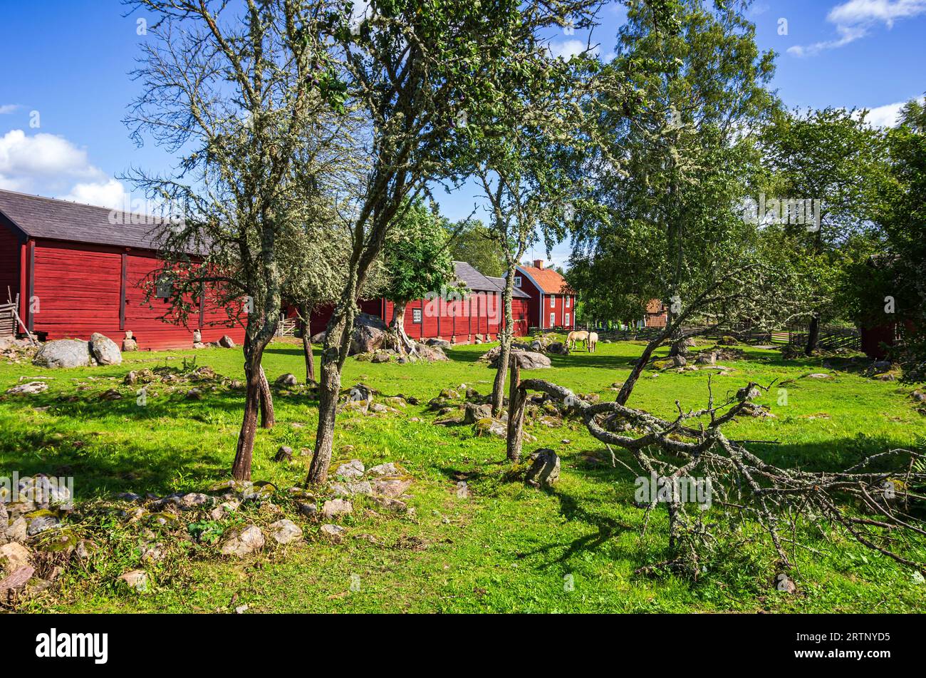 Stensjö by ist ein Dorf und Kulturreservat in Smaland bei Oskarshamn, Kalmar län, Schweden, das im frühen 19. Jahrhundert erhalten wurde. Stockfoto