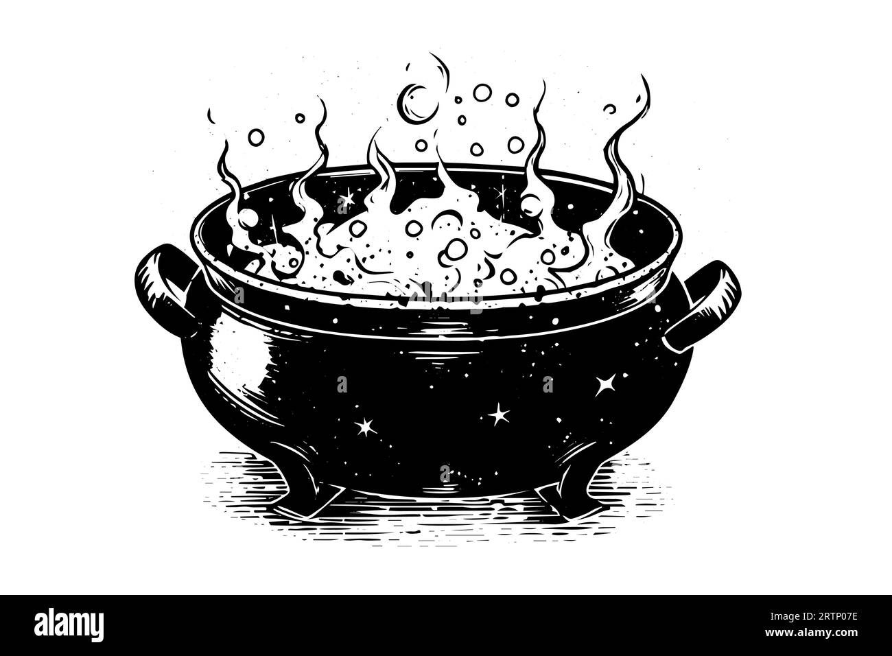 Kochender Hexenkessel handgezeichnete Tuschezeichnung. Gravurstil Vektorillustration. Stock Vektor