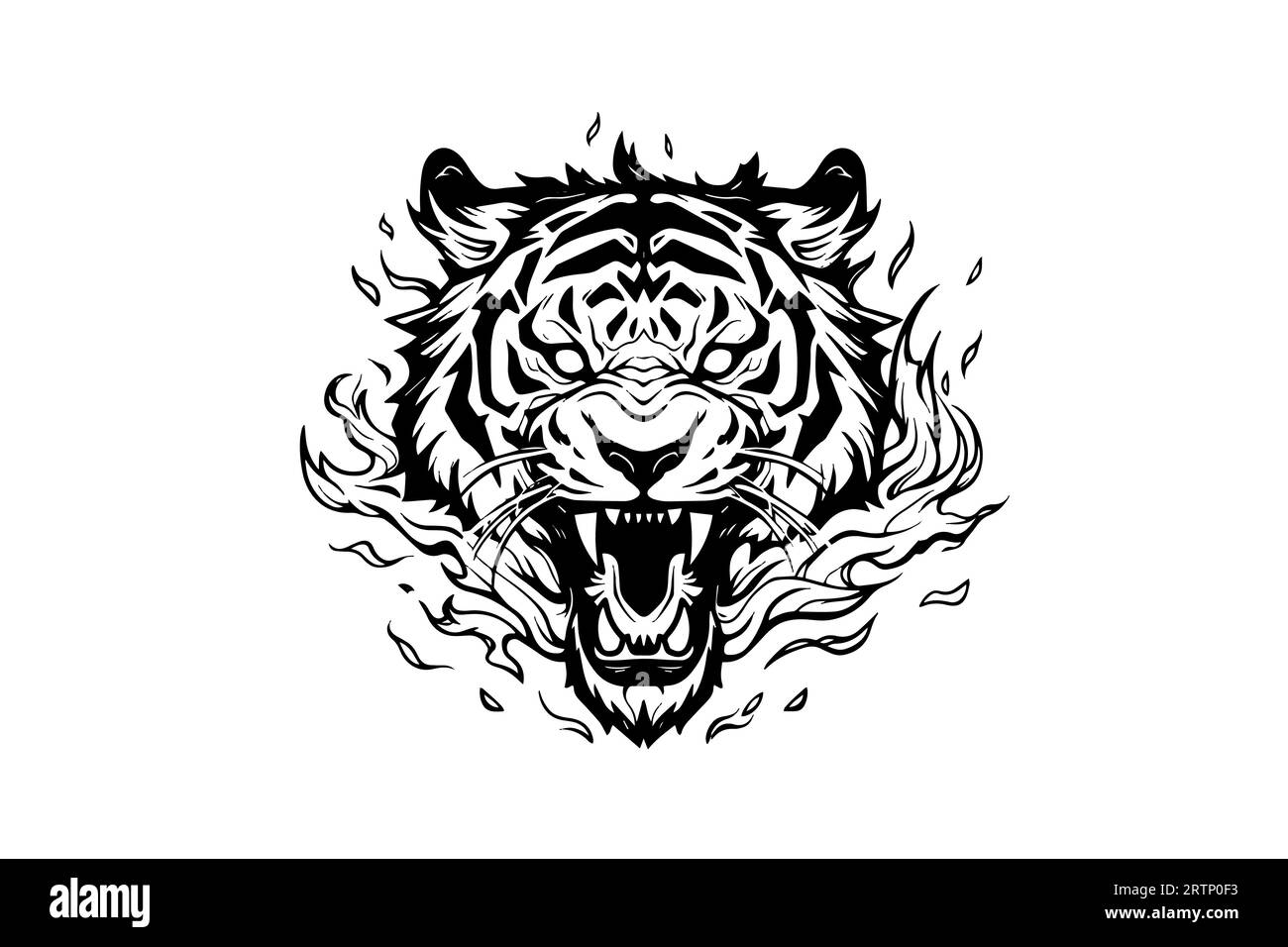 Tiger Maskottchen Sport- oder Tattoo-Design. Schwarz-weiß-Vektor-Illustration mit Logo-Zeichen Stock Vektor