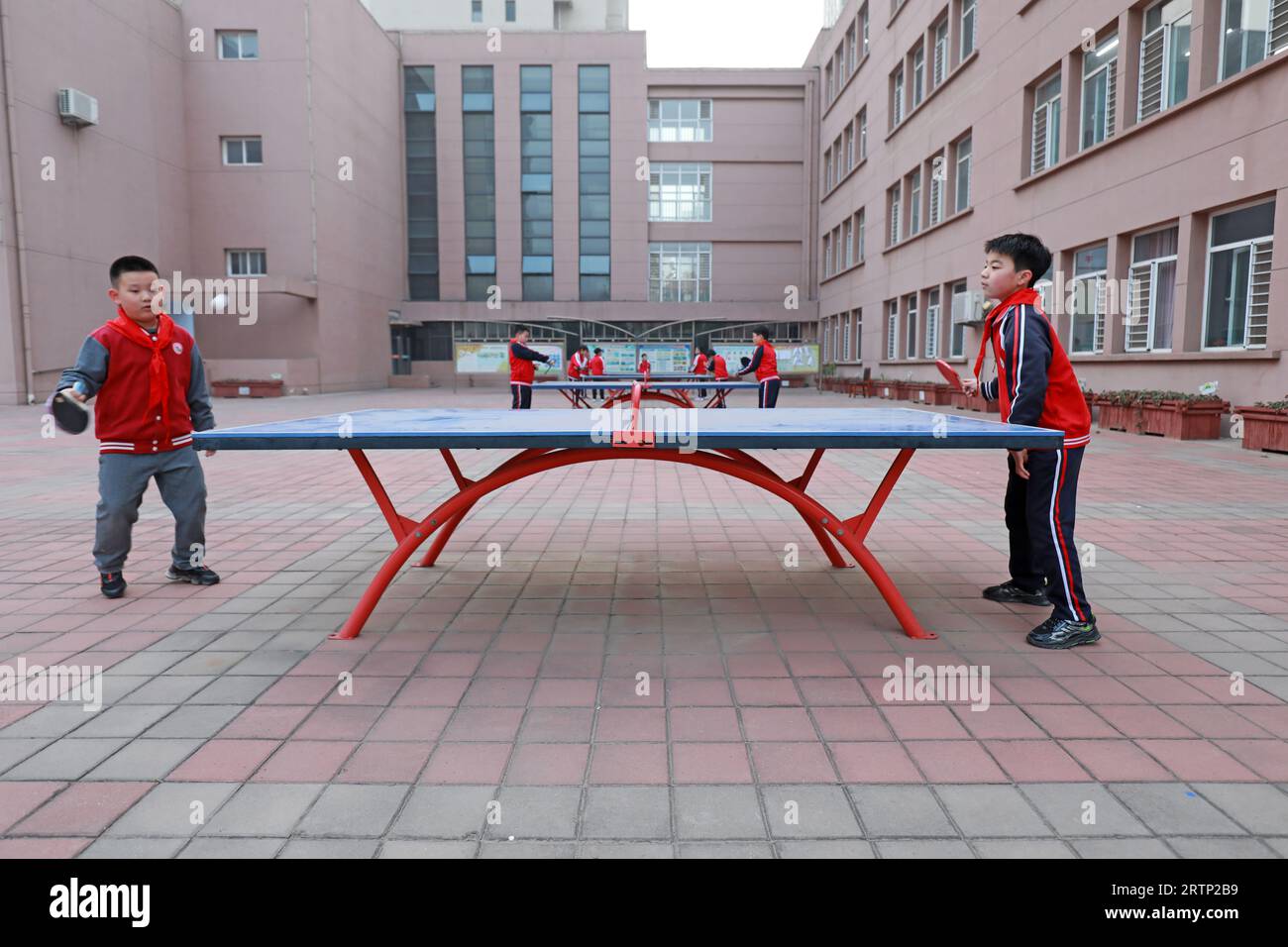 LUANNAN COUNTY, China - 3. November 2021: Grundschüler trainieren die Grundkenntnisse des Tischtenniss in der Klasse, Nordchina Stockfoto