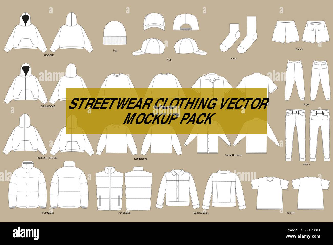 Streetwear Kleidung Vektor Mockup Pack Techpack Mockups Kleidung Marke Mode Design Tool Adobe Illustrator Adobe Photoshop Procreate Stock Vektor