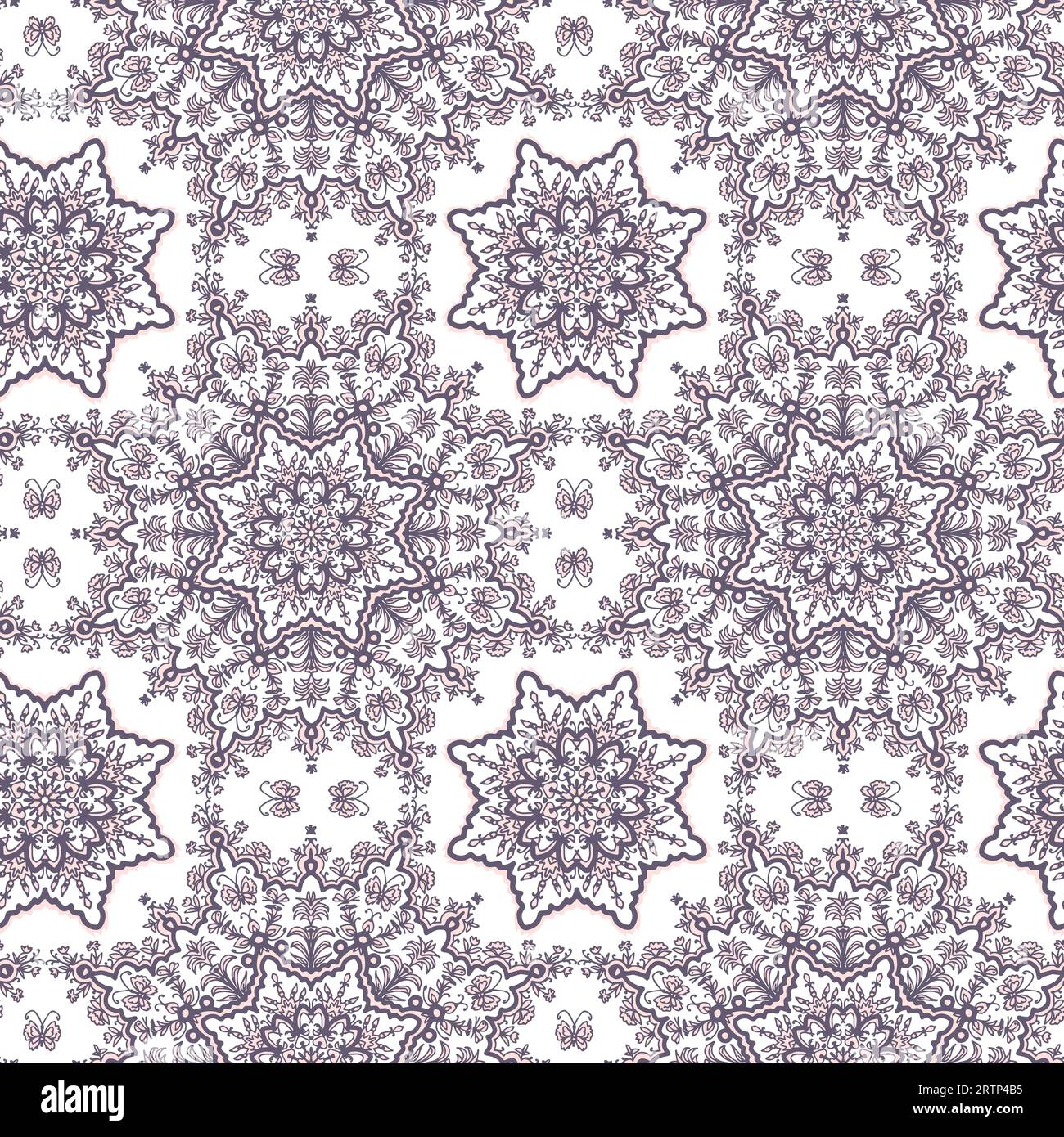 Mandala Spirit ornamentales violettes nahtloses Muster, Vektorhintergrund Stock Vektor