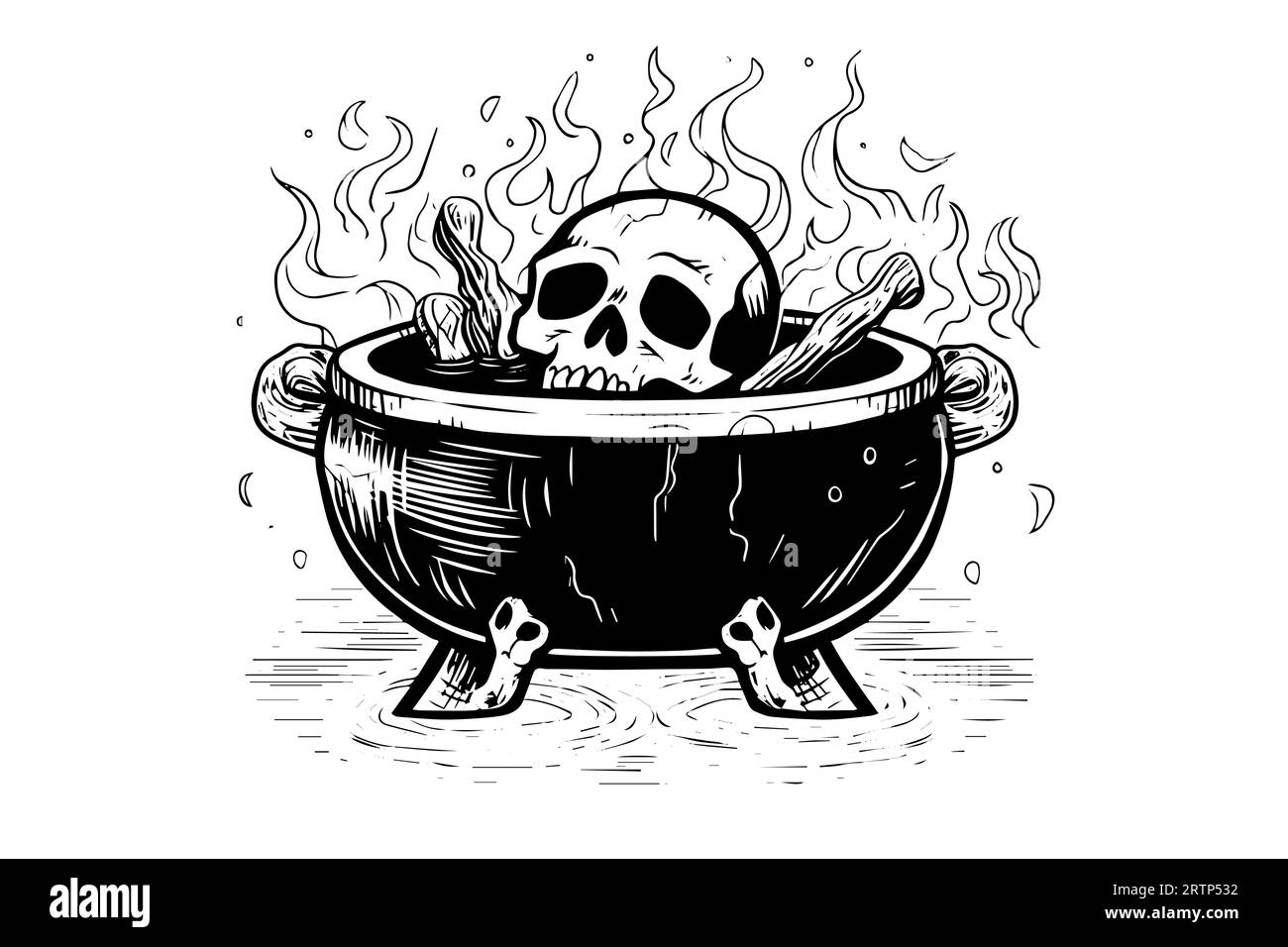 Kochender Hexenkessel handgezeichnete Tuschezeichnung. Gravurstil Vektorillustration. Stock Vektor