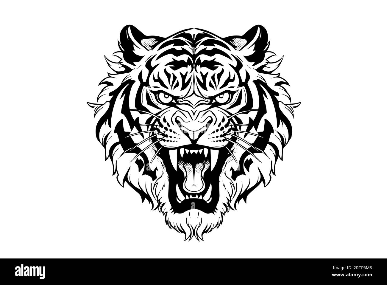 Tiger Maskottchen Sport- oder Tattoo-Design. Schwarz-weiß-Vektor-Illustration mit Logo-Zeichen Stock Vektor