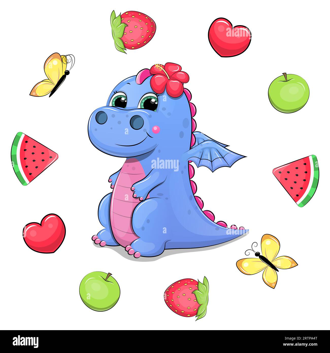 Niedlicher karikaturblauer Drache mit roter tropischer Blume und Fruchtrahmen. Sommer-Tier-Vektor-Illustration mit Herzen, Äpfeln, Wassermelonen, Erdbeeren. Stock Vektor