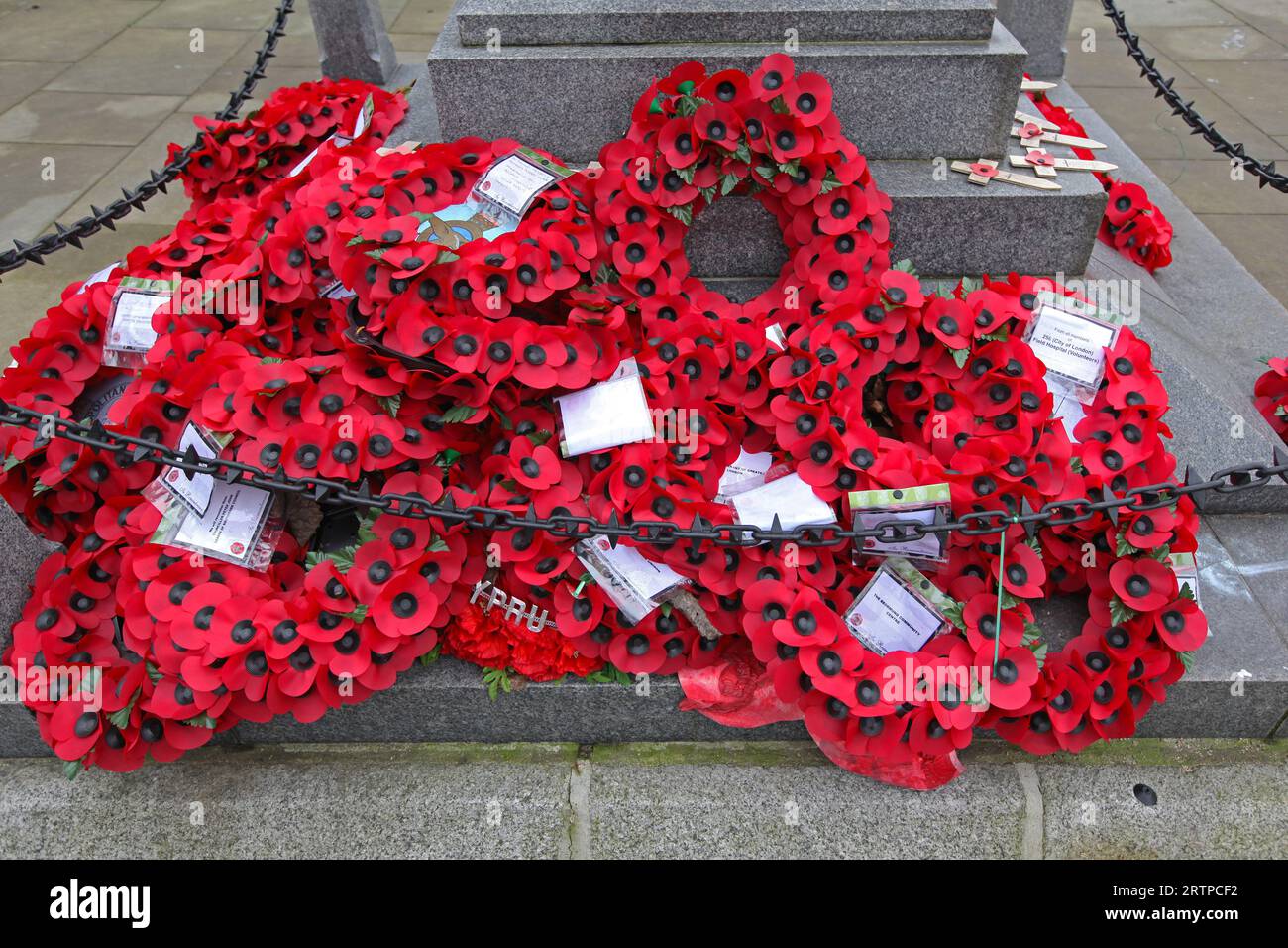 London, Großbritannien - 25. Januar 2013: Rote Mohnblumen Gedenkkränze am Monument in Capital City. Stockfoto