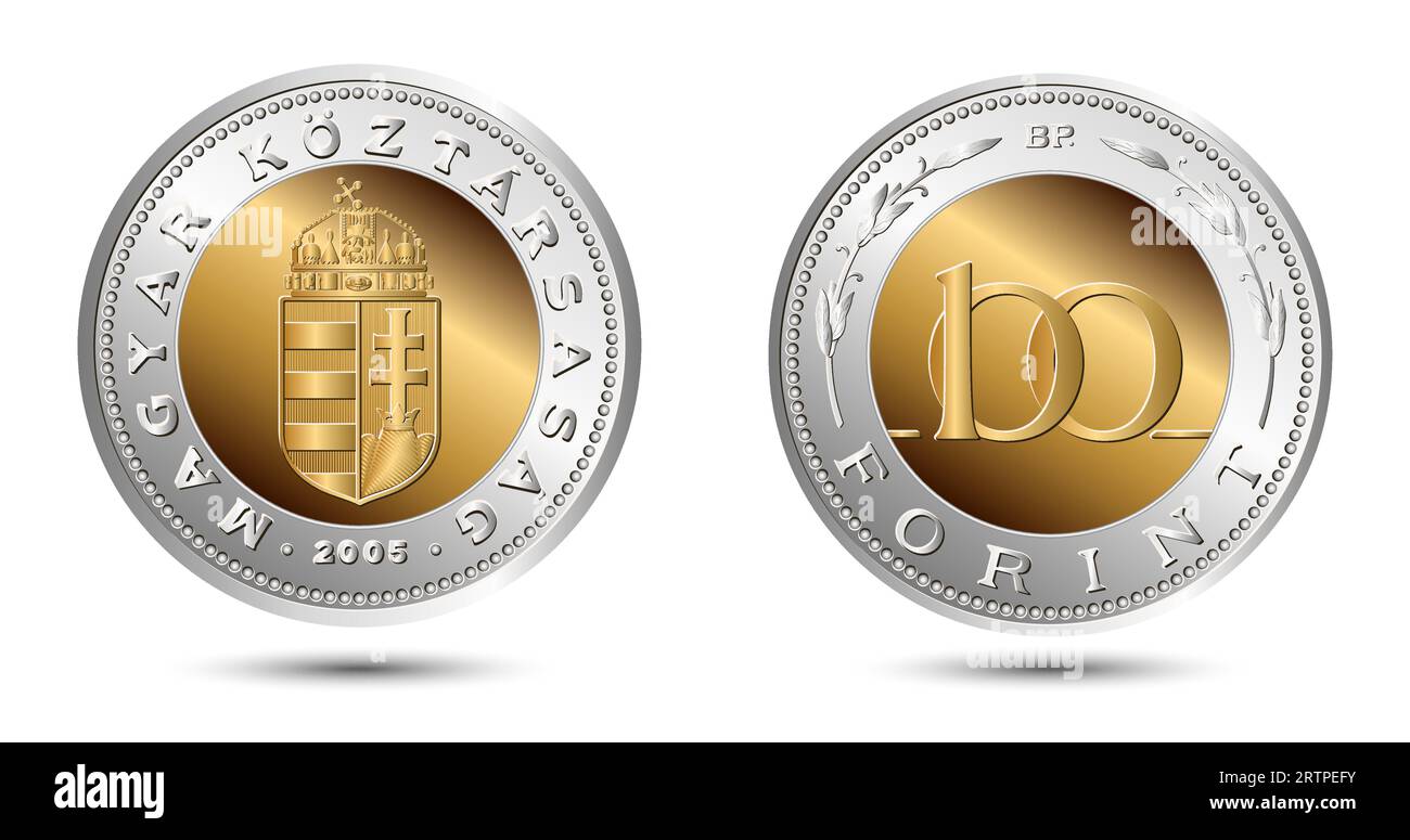 Rückseite und Vorderseite der ungarischen Münze, hundert Forint, isoliert auf weißem Hintergrund. Vektorillustration. Stock Vektor