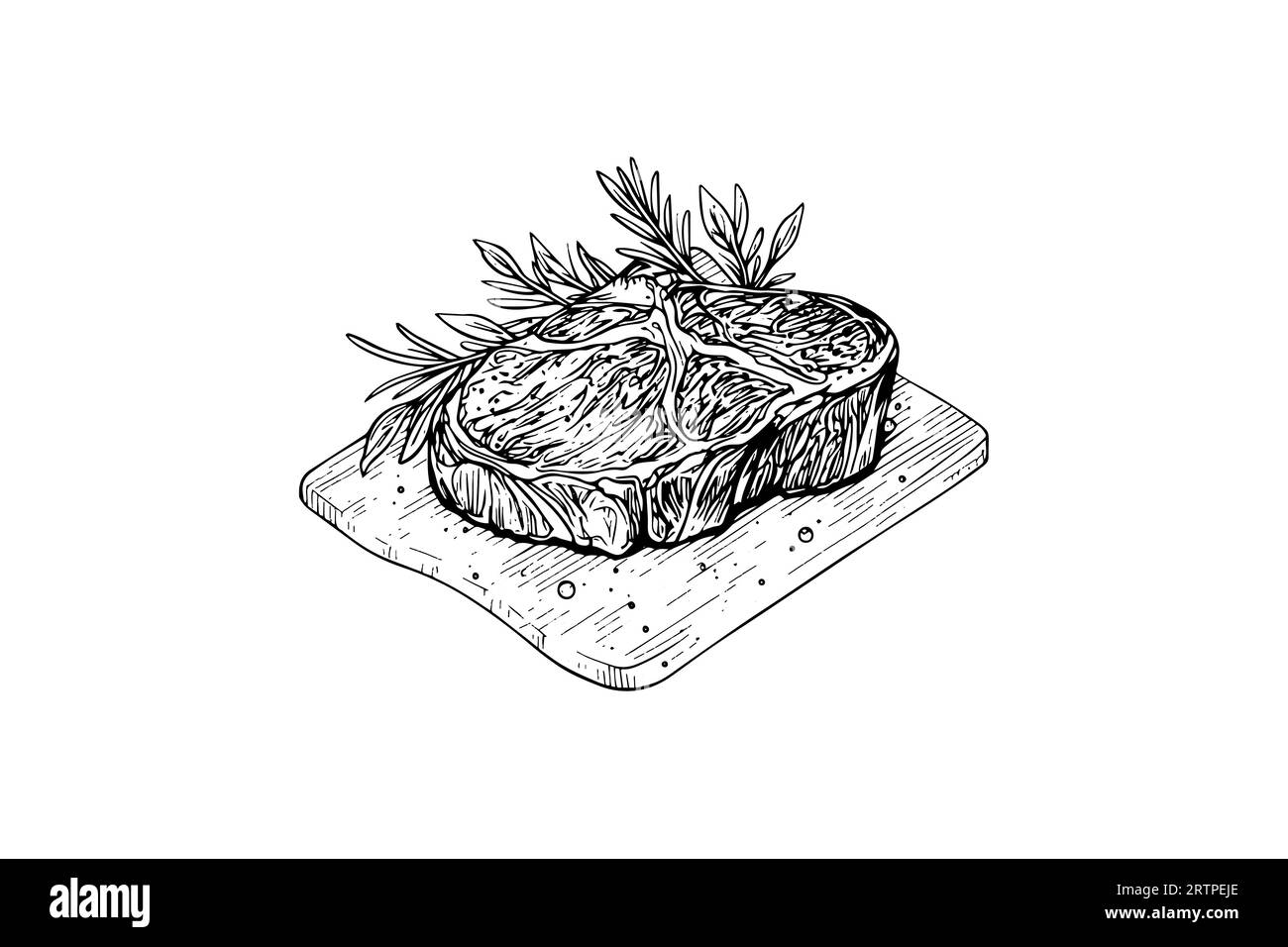 Fleischsteak auf Holzbrett. Handzeichnung Skizze Gravurstil Vektor Illustration. Stock Vektor