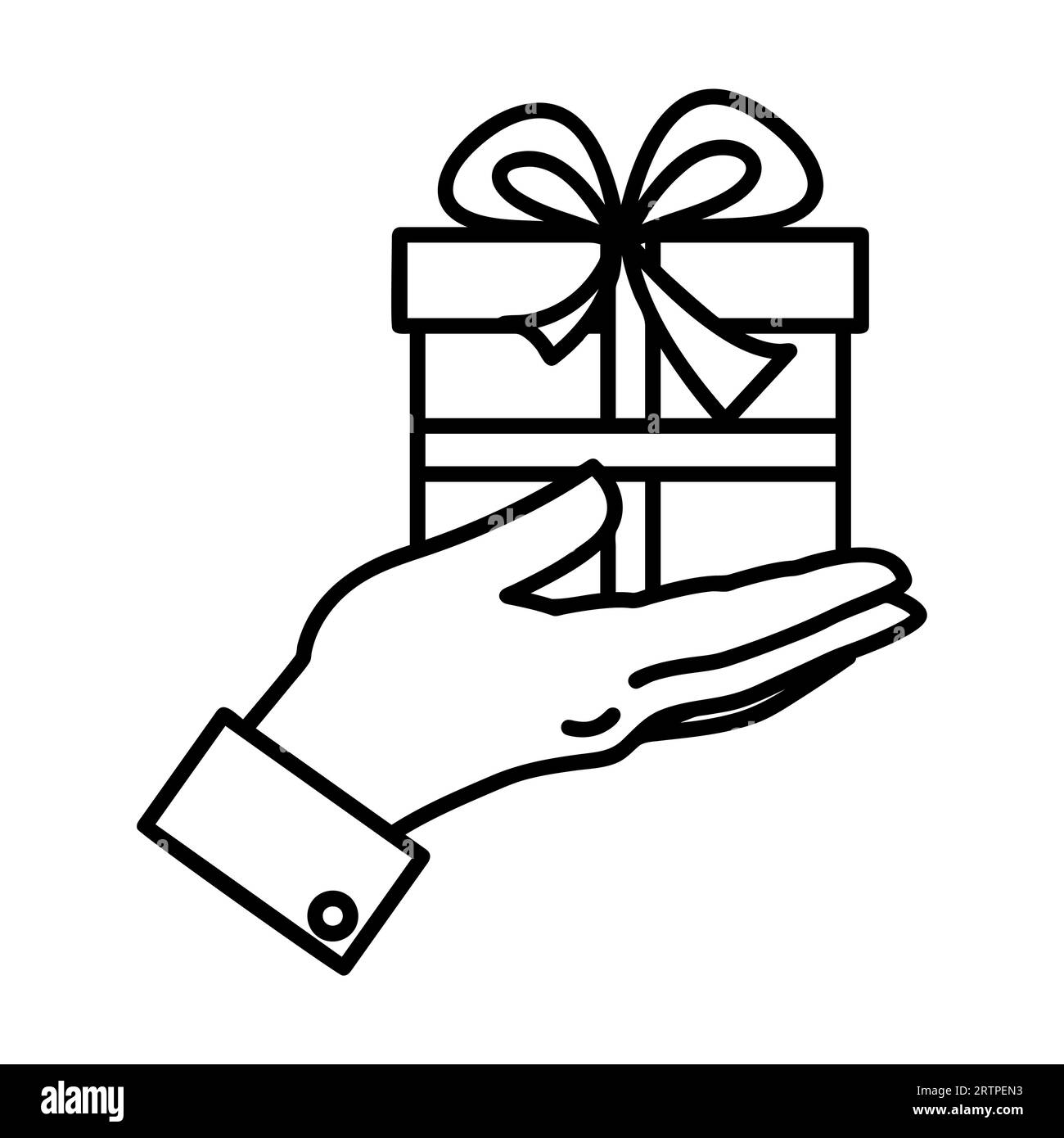 Einfache Kontur des Vektorsymbols der Geschenkbox mit Handhaltung Stock Vektor
