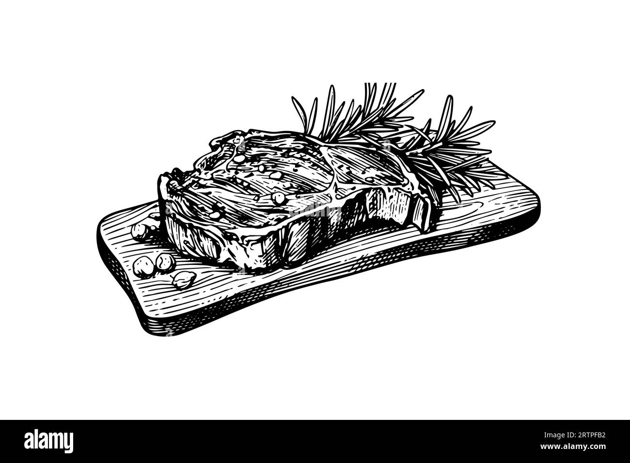 Fleischsteak auf Holzbrett. Handzeichnung Skizze Gravurstil Vektor Illustration. Stock Vektor