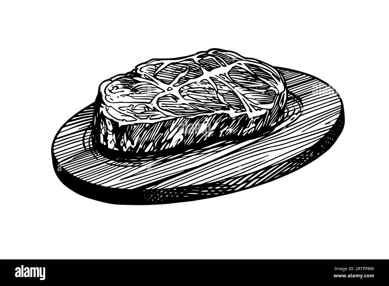 Fleischsteak auf Holzbrett. Handzeichnung Skizze Gravurstil Vektor Illustration. Stock Vektor