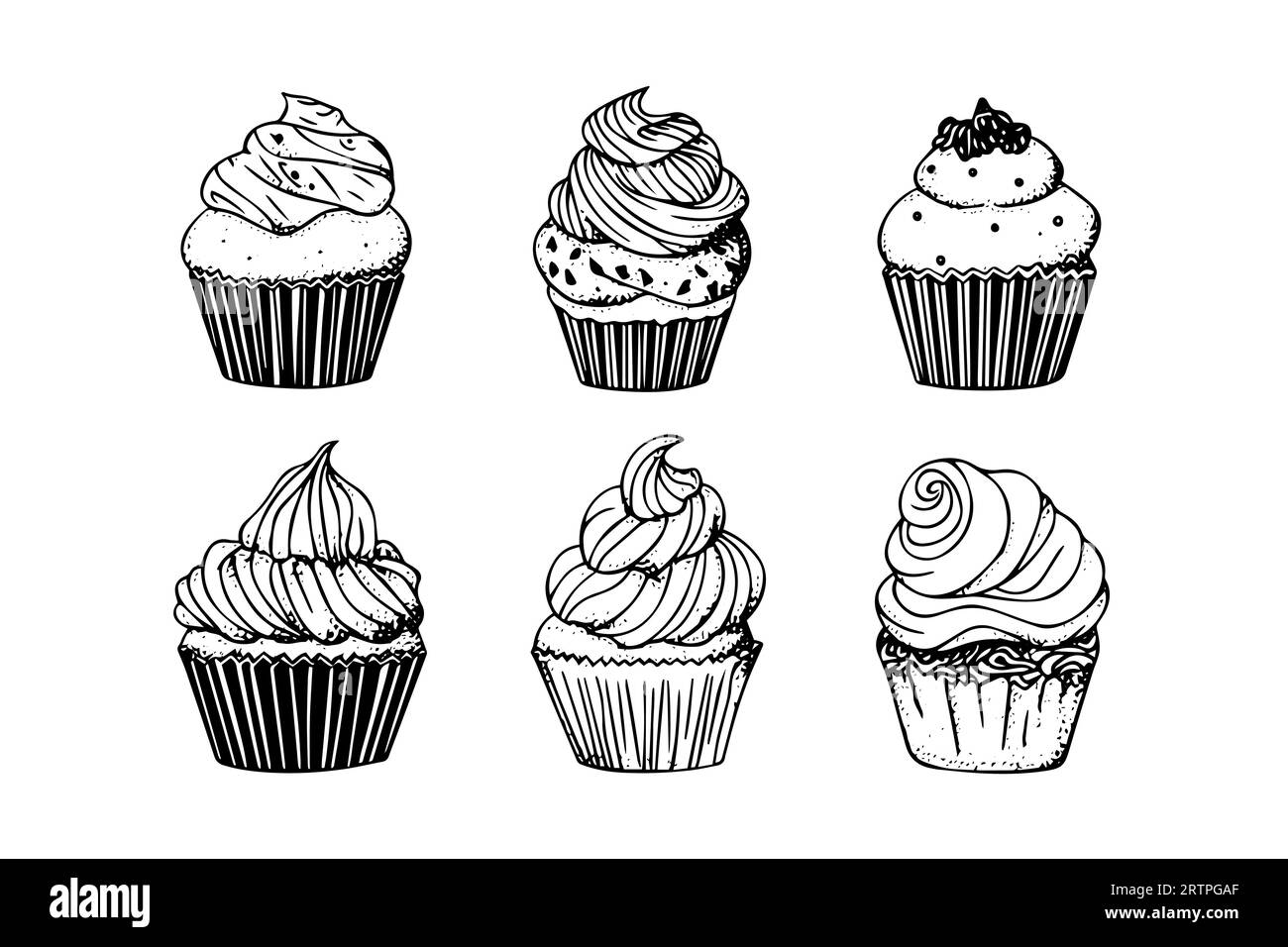 Set Cupcake im Gravurstil. Tintenskizze isoliert auf weißem Hintergrund. Handgezeichnete Vektorillustration. Stock Vektor