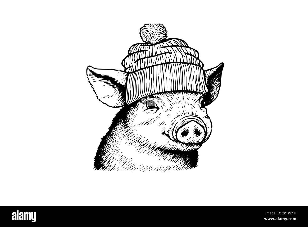 Niedliches Schwein oder Schweinefleisch in Hutkopf-Gravurillustration im Logotypstil. Stock Vektor