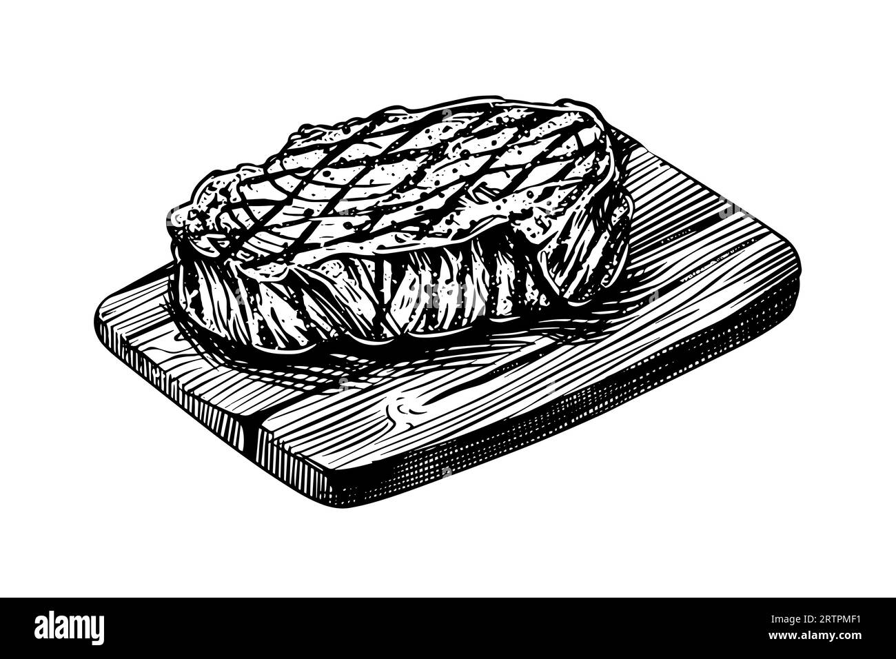 Fleischsteak auf Holzbrett. Handzeichnung Skizze Gravurstil Vektor Illustration. Stock Vektor