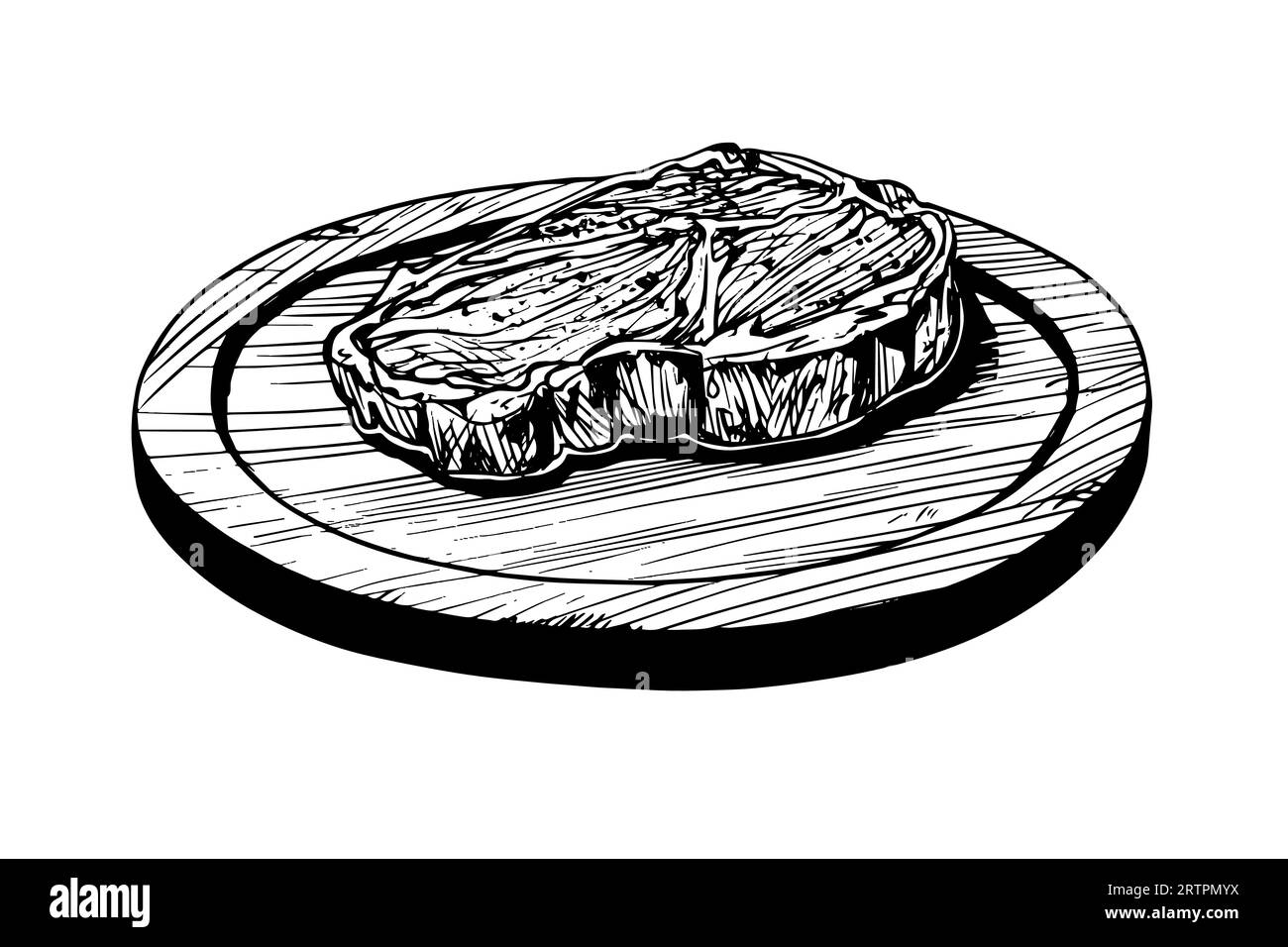 Fleischsteak auf Holzbrett. Handzeichnung Skizze Gravurstil Vektor Illustration. Stock Vektor