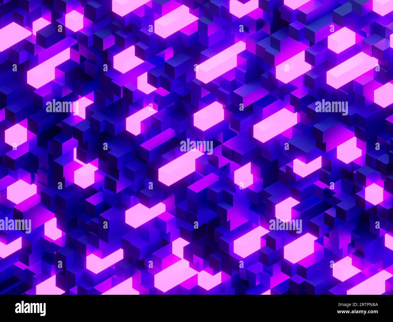 3D-Illustration eines abstrakten geometrischen Hintergrunds aus Würfeln mit Glühen Stockfoto