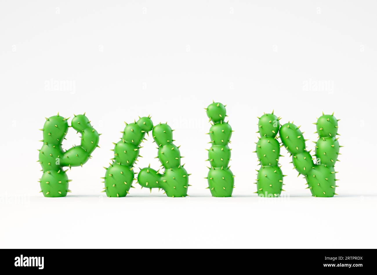 Schmerzkonzept 3D-Illustration. 3D-Rendering von Kaktusbuchstaben machen Schmerzwort isoliert auf weißem Hintergrund Stockfoto