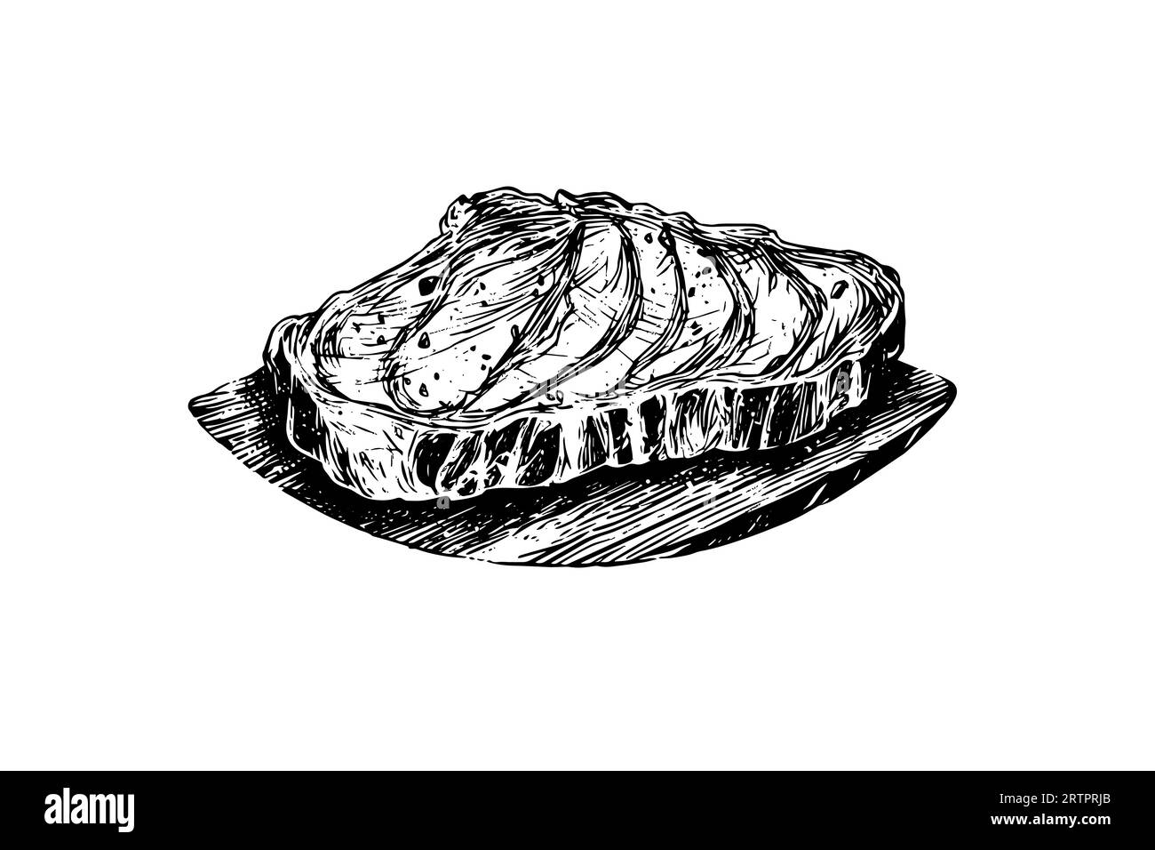 Fleischsteak auf Holzbrett. Handzeichnung Skizze Gravurstil Vektor Illustration. Stock Vektor