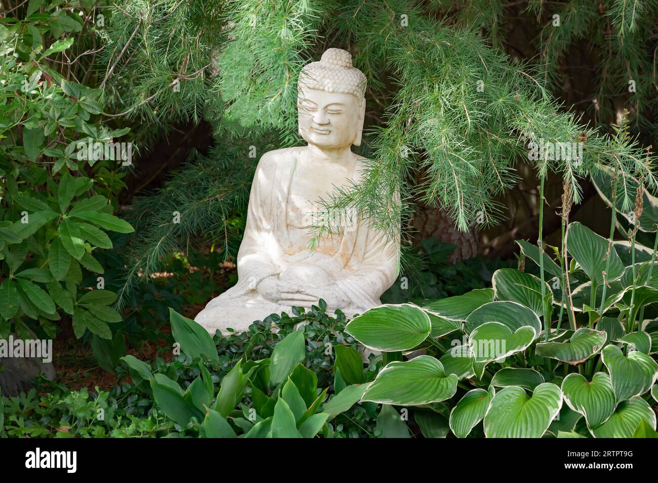 Buddha-Statue in einem grünen Garten. Stockfoto