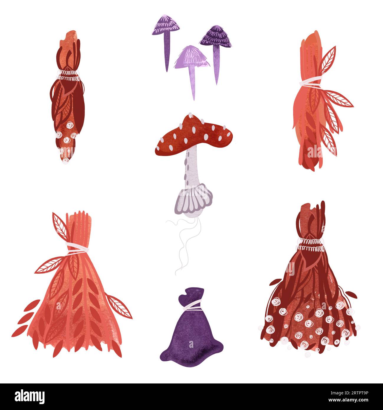 Eine Reihe von Gegenständen für Hexenrituale: Rote, gelbliche, verwelkte getrocknete Blumen und Kräuter, Kräuter, Besen mit Blumen und Blättern, ein violetter Beutel, Stockfoto