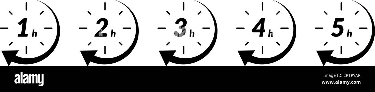 Symbol für schnelle Lieferzeit mit Uhr und Pfeil. Logos für Verkauf, Angebot und Rabatt. Mit 2, 3, 4 und 5-Stunden-Markierungen im Kreis. Flacher Vektor Stock Vektor