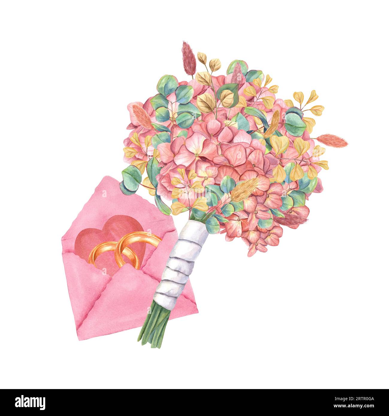 Brautstrauß und rosafarbener Umschlag mit goldenen Ringen und Herz. Zusammensetzung von Hydrangea, Eukalyptus, Lagurus mit weißem Satinband. Stockfoto