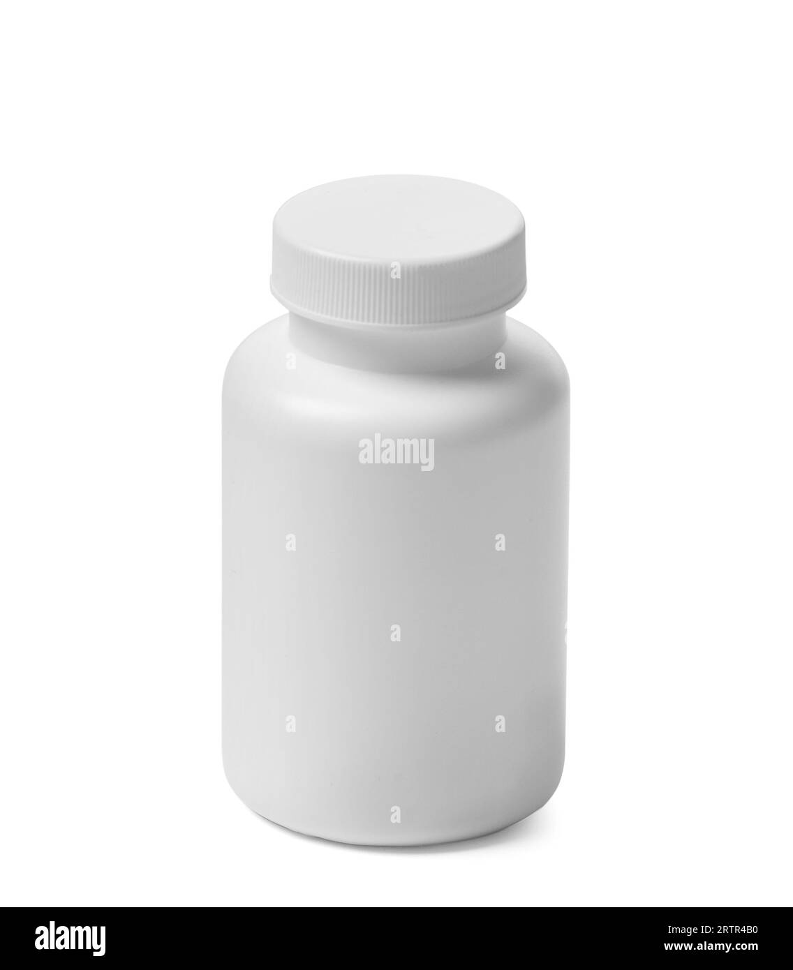 Weiße Plastikflasche für Vitamin, Medizin, Nahrungsergänzungsmittel auf weißem Hintergrund. Medizinischer Behälter für Pillen. Stockfoto