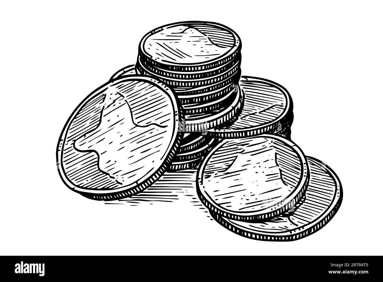 Münzstapel Geld im Gravurstil. Handgezeichnete Tintenskizze. Vektorillustration. Stock Vektor