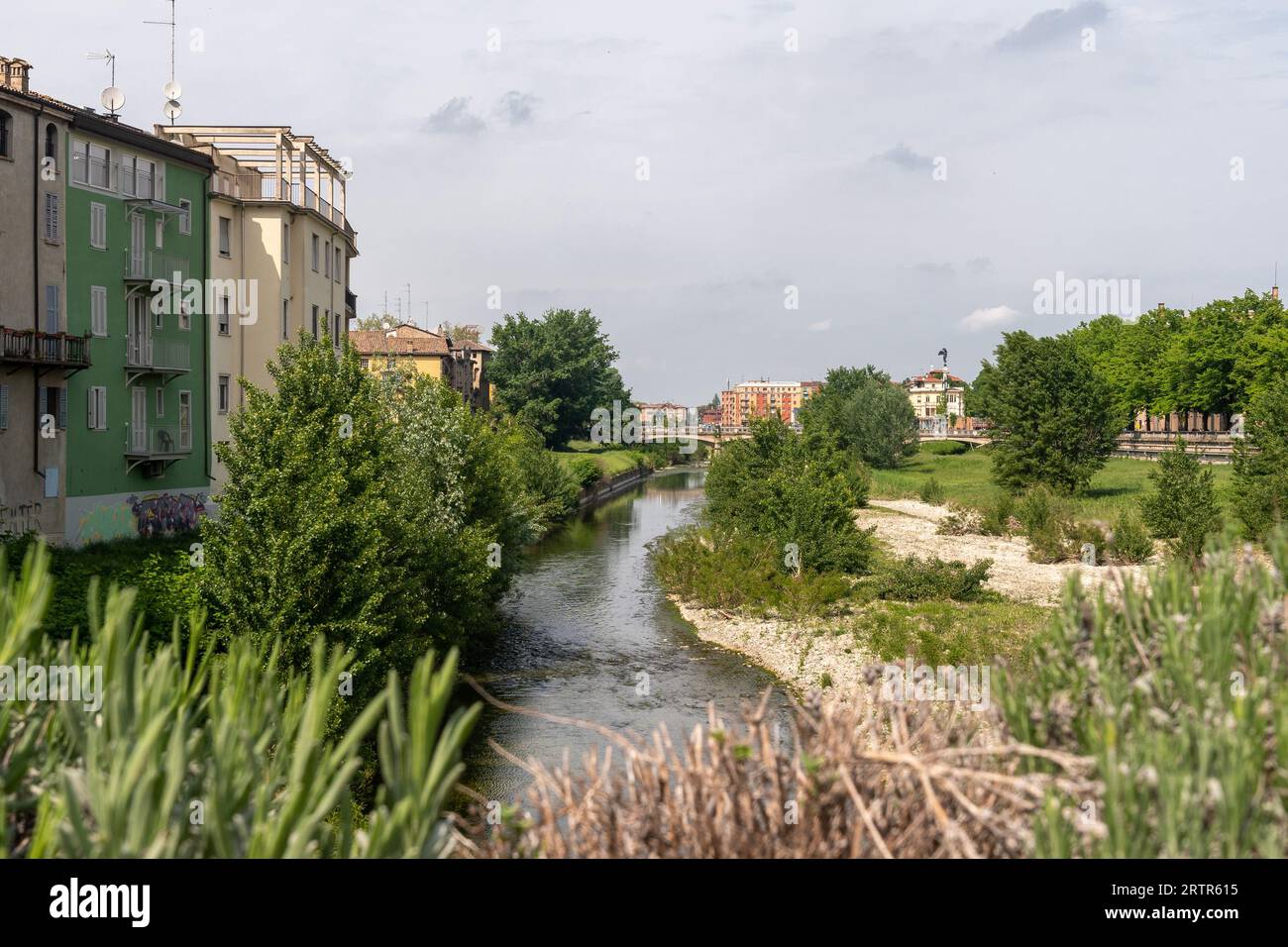 Blick auf den Fluss Torrente Parma, Nebenfluss des Flusses Po, mit der Brücke Ponte Giuseppe Verdi (1903) im Hintergrund, Parma, Emilia-Romagna, Italien Stockfoto