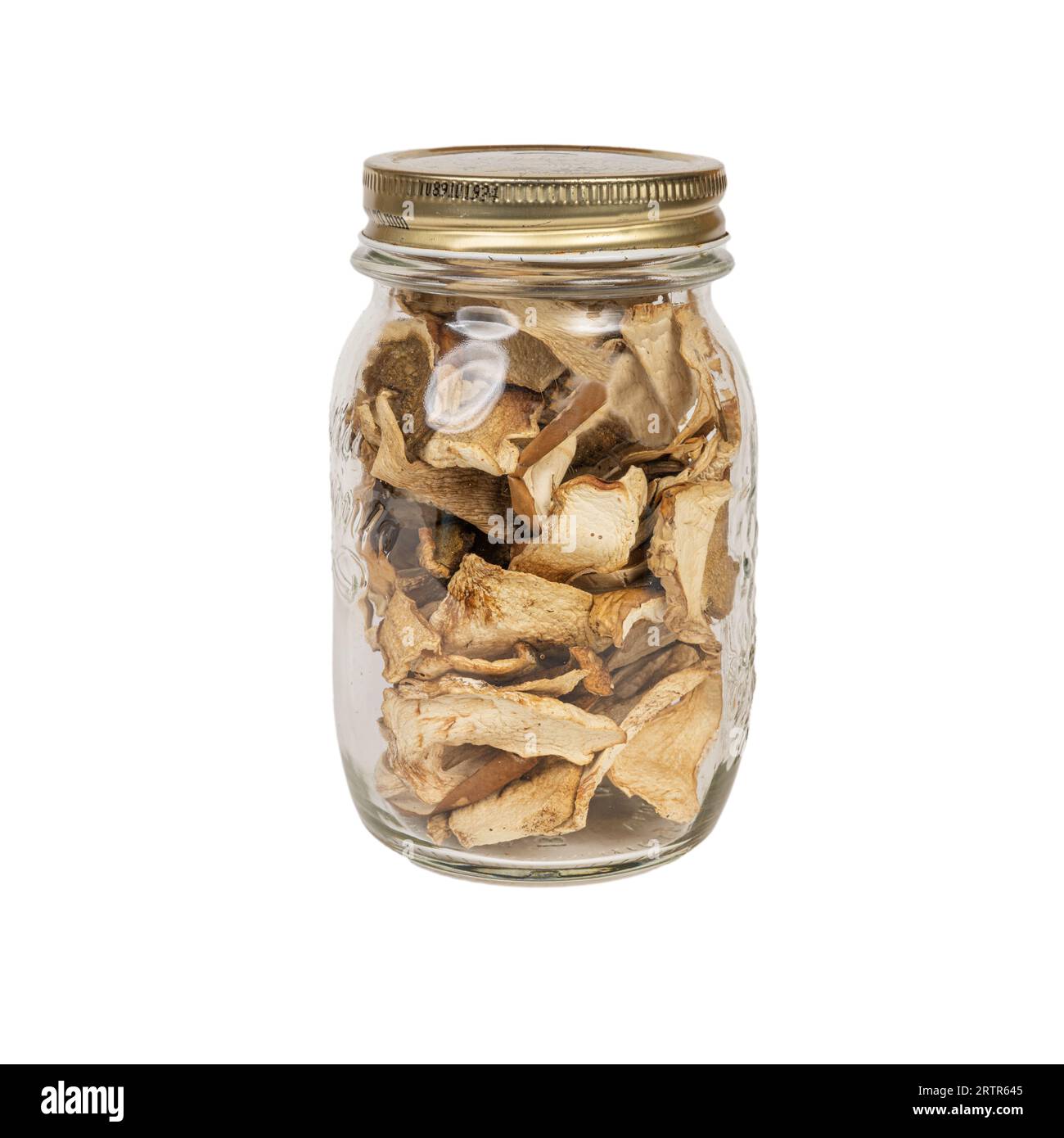 Getrocknete Pilze im Glas auf transparentem Hintergrund Stockfoto