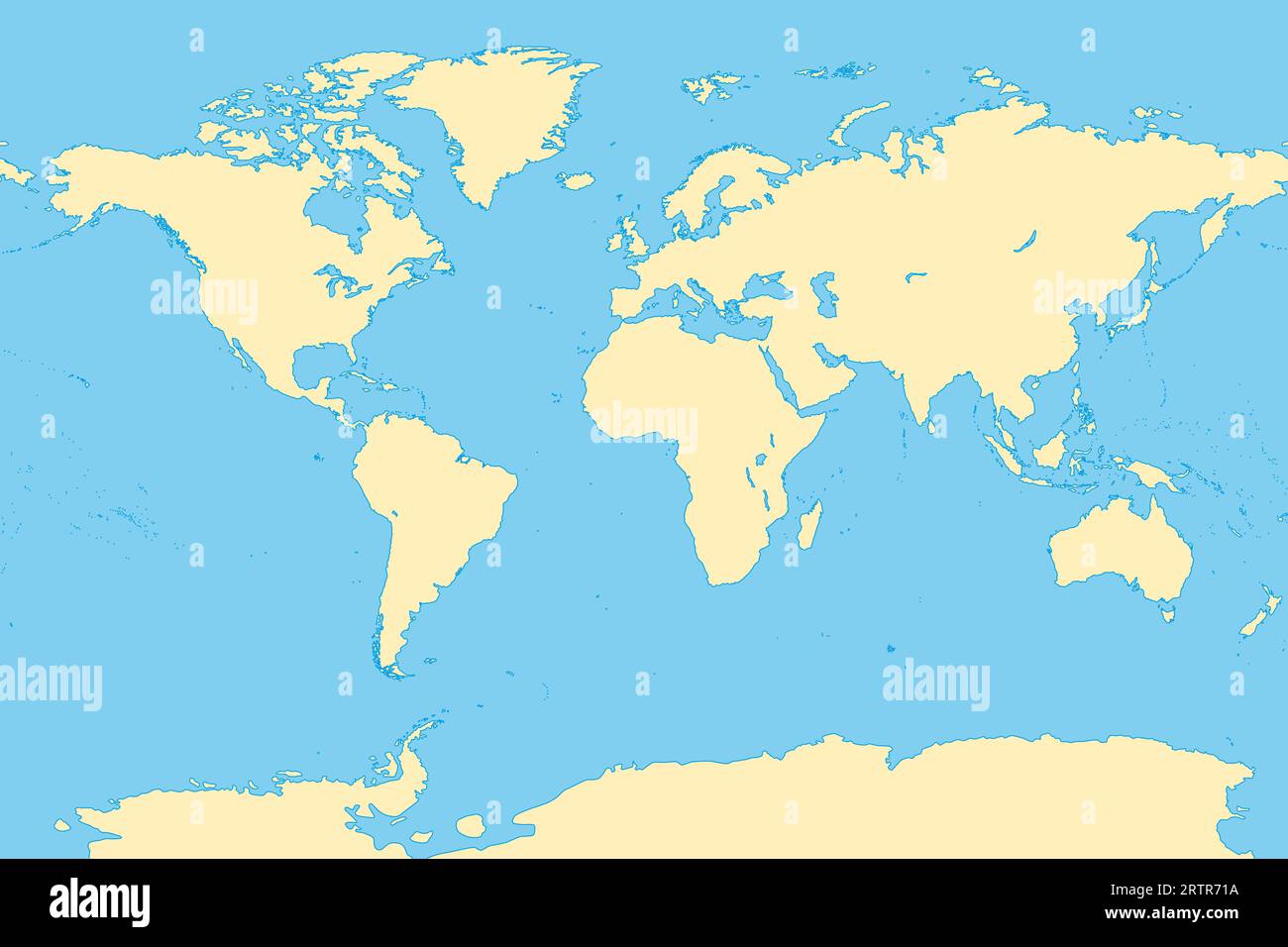 Die Welt, allgemeine Referenzkarte. Karte der Erdoberfläche mit den Landmassen aller Kontinente, mit den größten Seen, Ozeanen und Meeren. Stockfoto