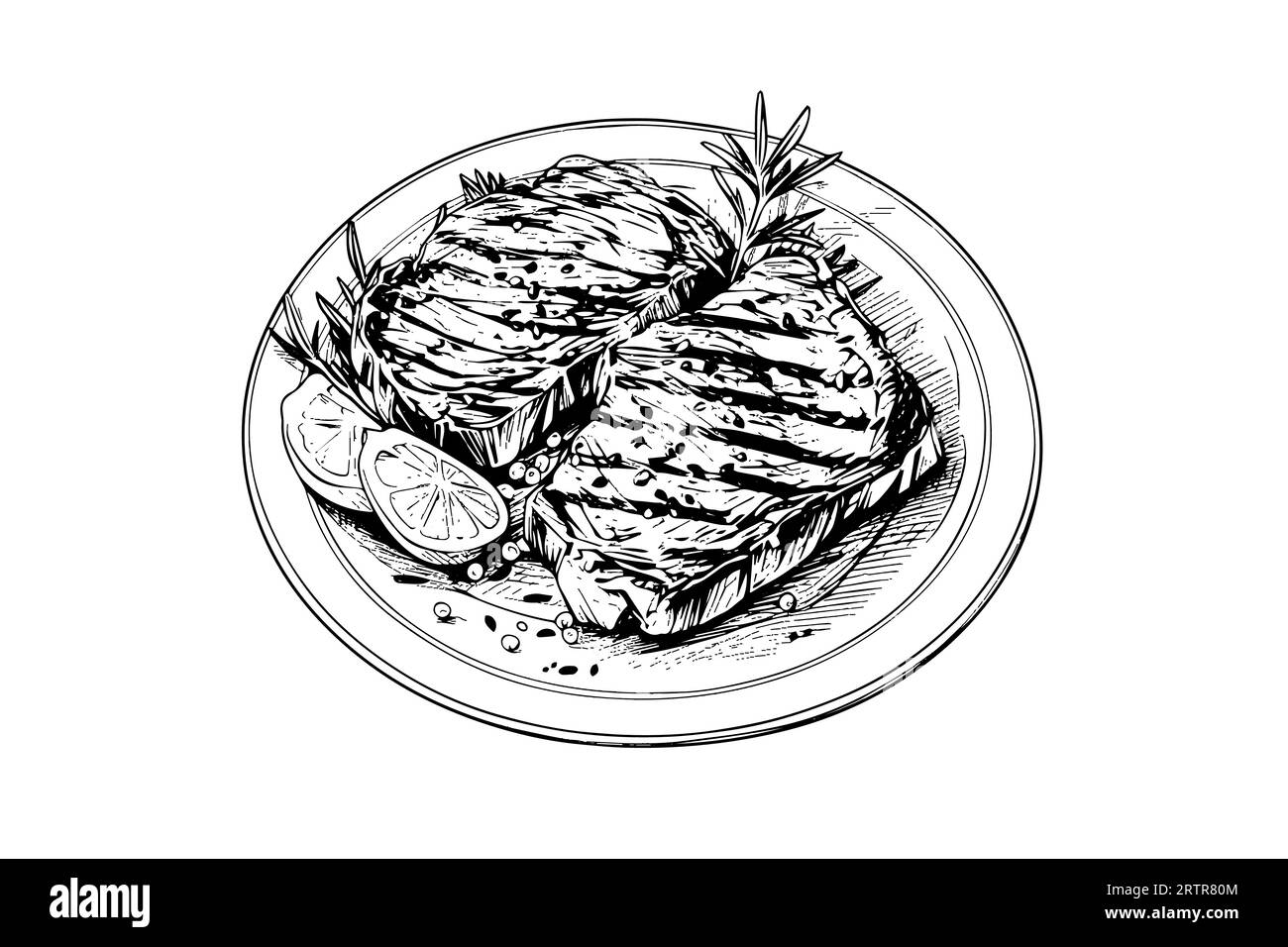 Fleischsteak auf dem Teller. Handzeichnung Skizze Gravurstil Vektor Illustration. Stock Vektor