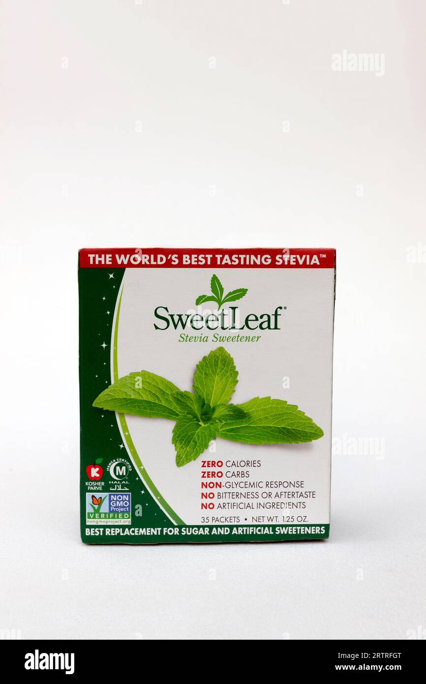 SweetLeaf Stevia-Süßungsmittel (Zuckerersatz/Ersatz) in einer Schachtel. Stockfoto