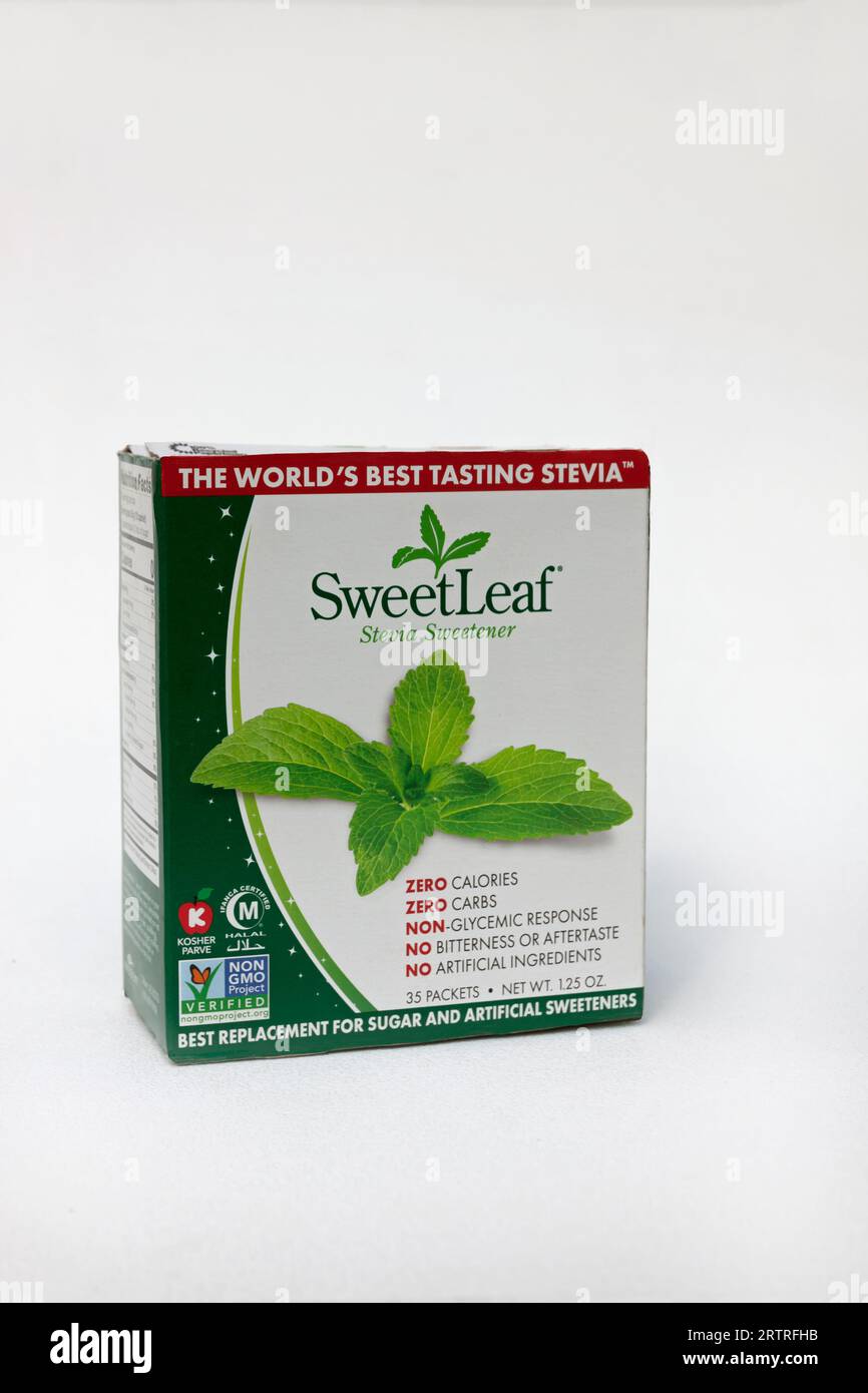 SweetLeaf Stevia-Süßungsmittel (Zuckerersatz/Ersatz) in einer Schachtel. Stockfoto
